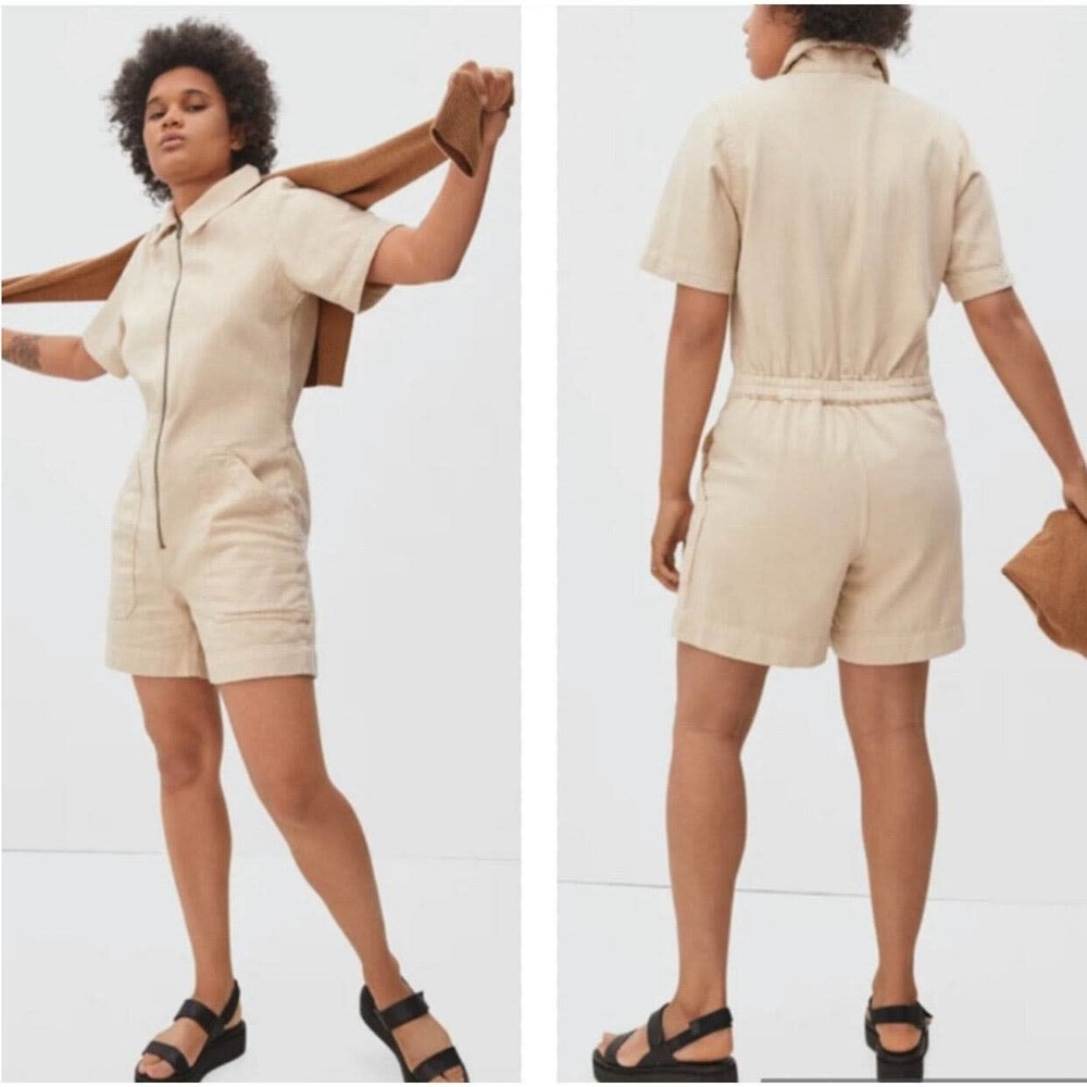 Everlane The Denim Short Coverall romper tan / beige/ clay/ taupe zipper size 14